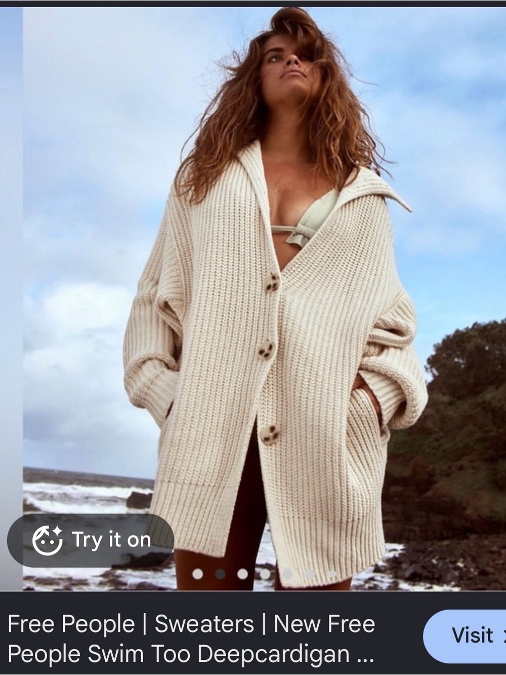 Free People Oversized Cream Ribbed Button Cardigan